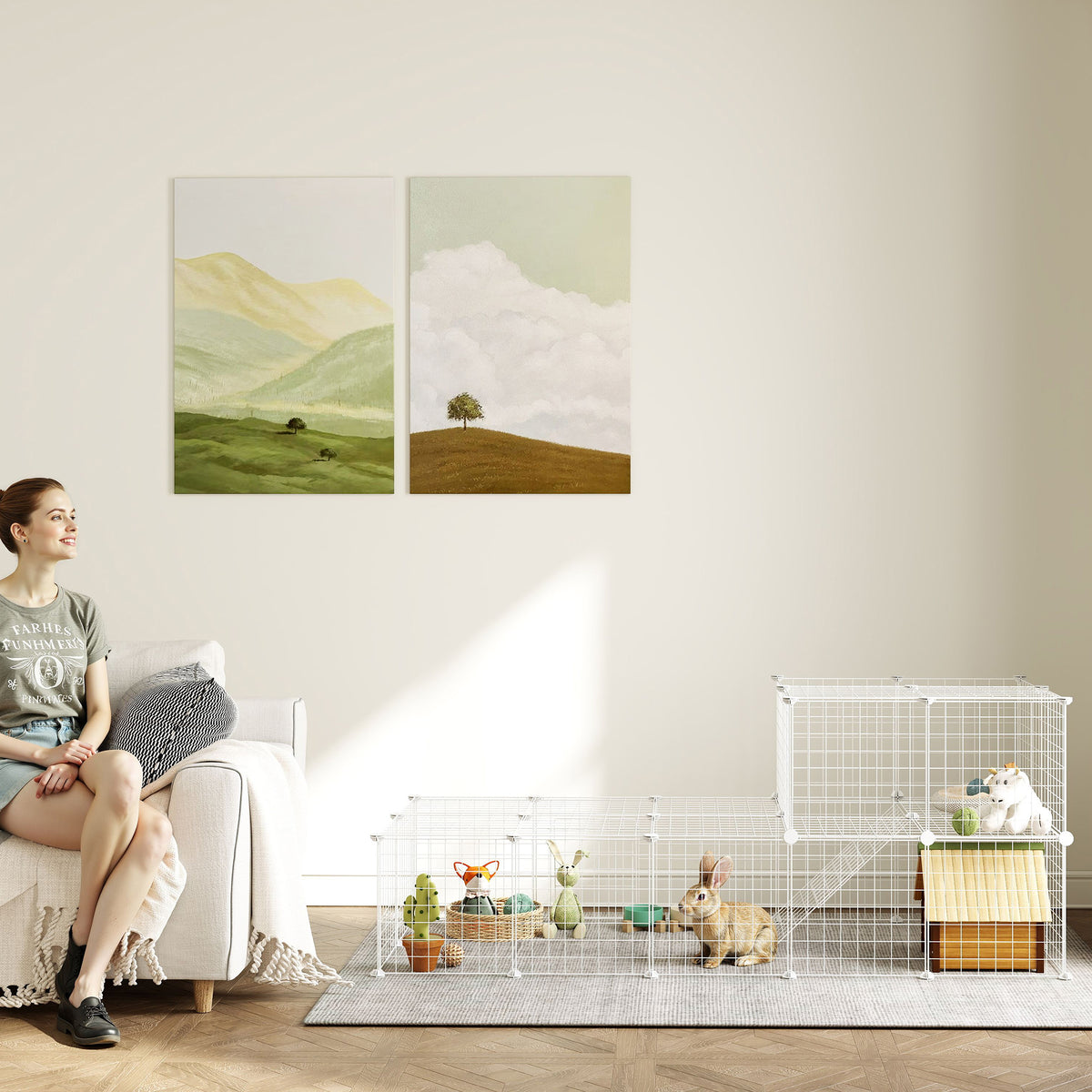 Cage parc clôture pour animaux domestiques enclos pour petits animaux modulable 2 niveaux fil en acier 146x73x73cm blanc