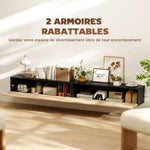 Meuble TV suspendu 140cm, meuble télé pour téléviseur 72 pouces, 2 portes rabattables, 140x25x22cm, bois naturel et noir