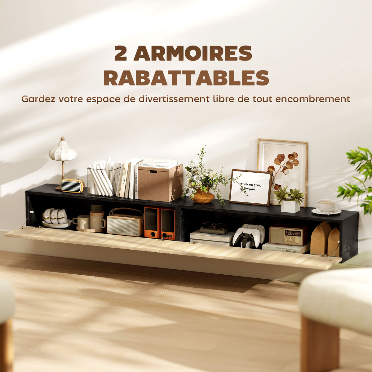 Meuble TV suspendu 140cm, meuble télé pour téléviseur 72 pouces, 2 portes rabattables, 140x25x22cm, bois naturel et noir