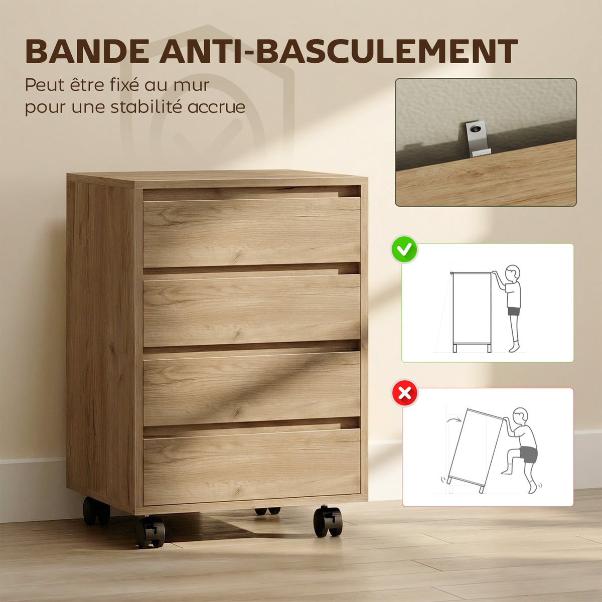 Caisson de bureau rangement bureau sur roulettes 4 tiroirs coulissants en bois aspect bois marron