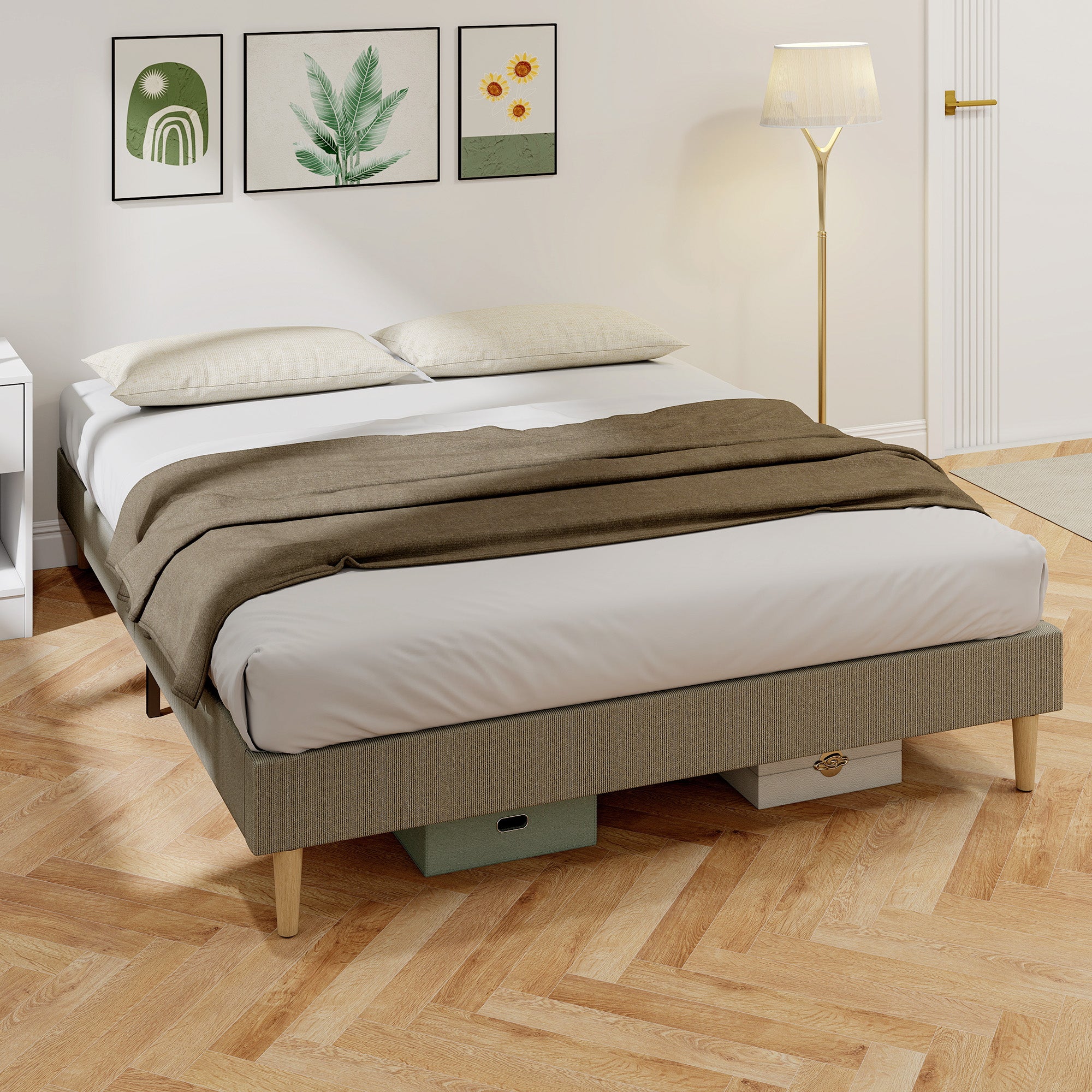 Bettrahmen 160 x 200 cm mit Holzlattenrost, gepolstertes Doppelbett aus Cord, Grau