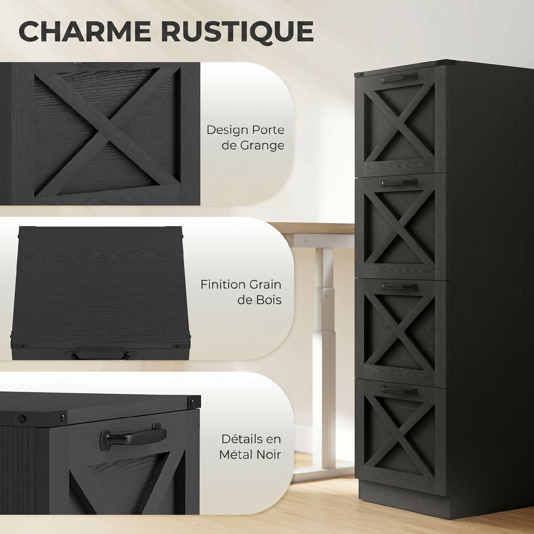 Caisson de Bureau avec 4 Tiroirs, Dossiers Suspendus pour Formats Lettre/A4, Style Rustique, 40x40x131cm, Noir