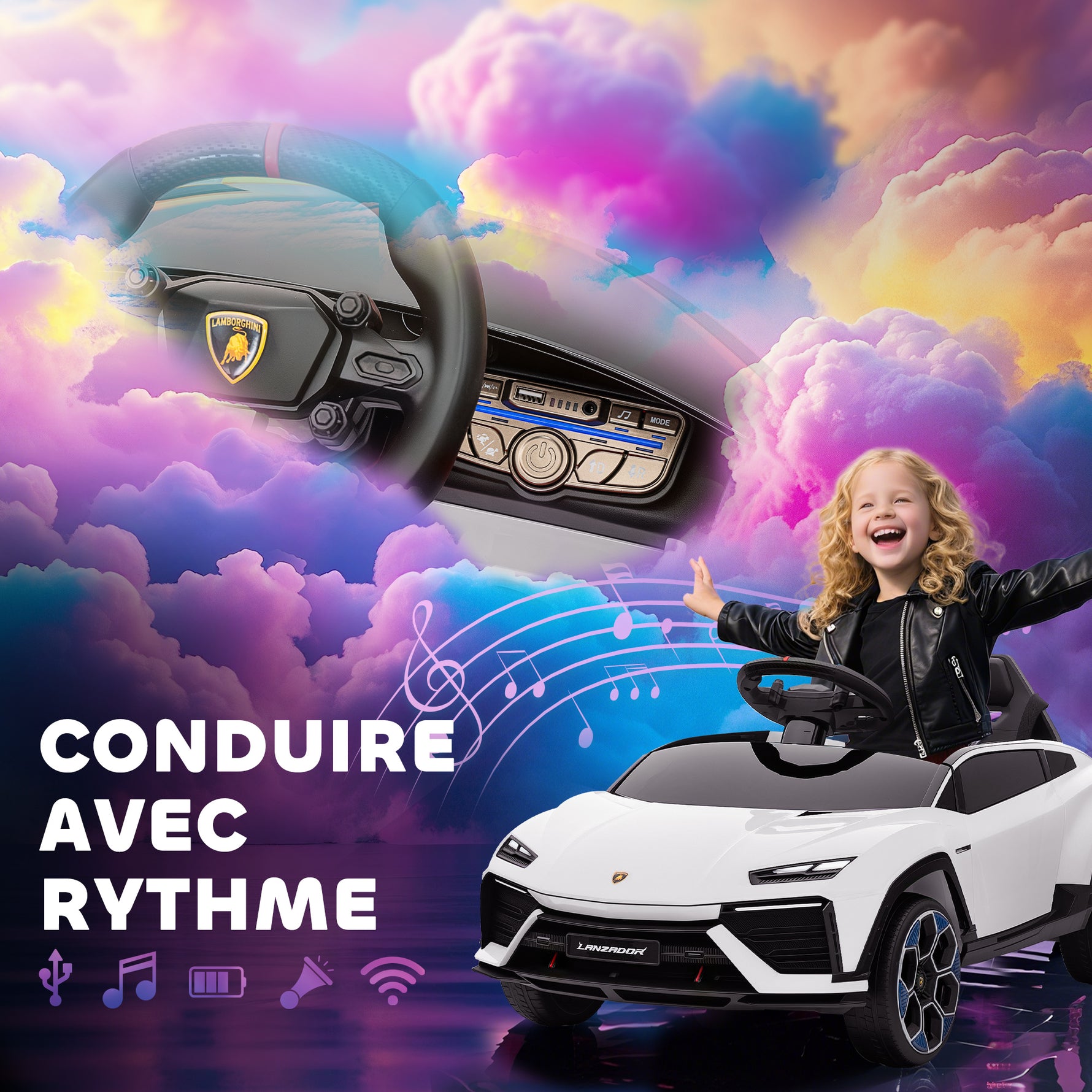 Voiture électrique enfant véhicule électrique Lamborghini 12V télécommande 2,4G et 2 moteurs vitesse max. 4 km/h blanc