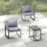 Salon de jardin 3 pièces coussins 14cm et accoudoirs en composite bois-plastique 2 fauteuils et table d'appoint gris