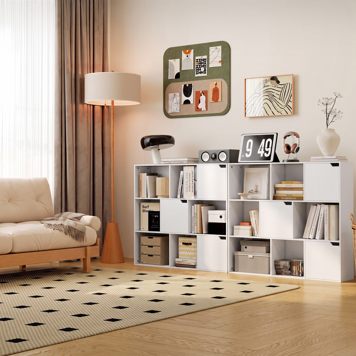 Bibliothèque étagère de rangement 9 cubes avec 3 portes et 6 compartiments ouverts, 106 x 24 x 95 cm, blanc