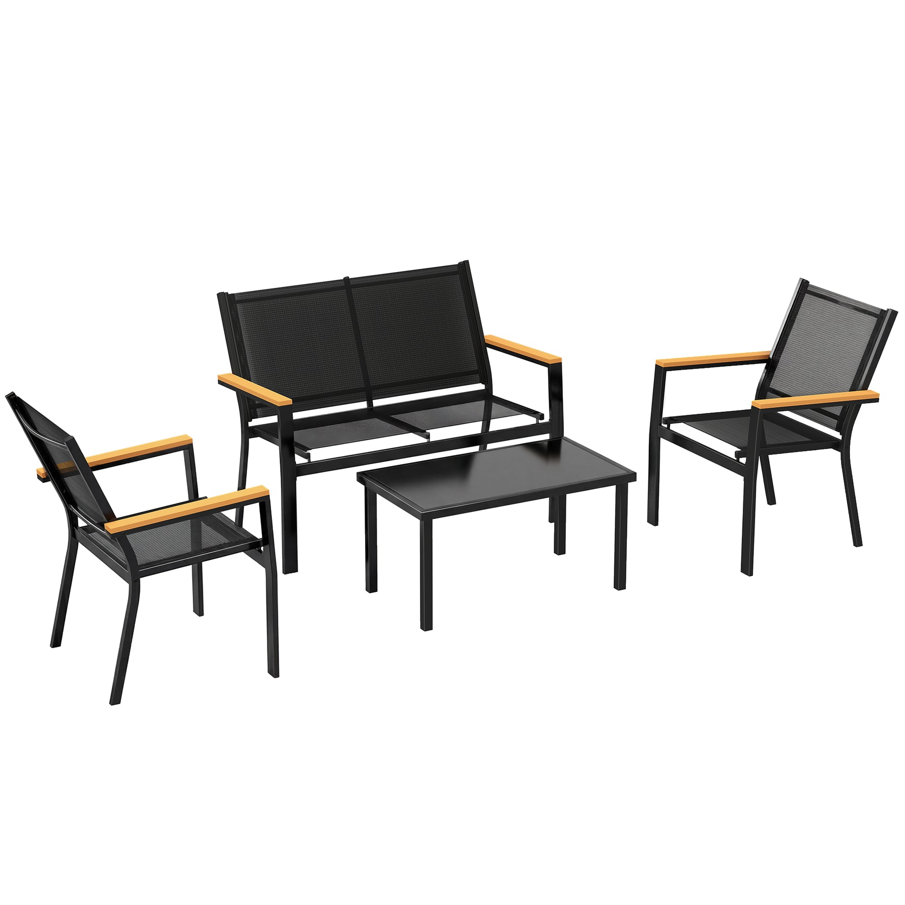 Salon de jardin extérieur 4 pièces avec canapé 2 places, 2 chaises et table basse en verre trempé, noir