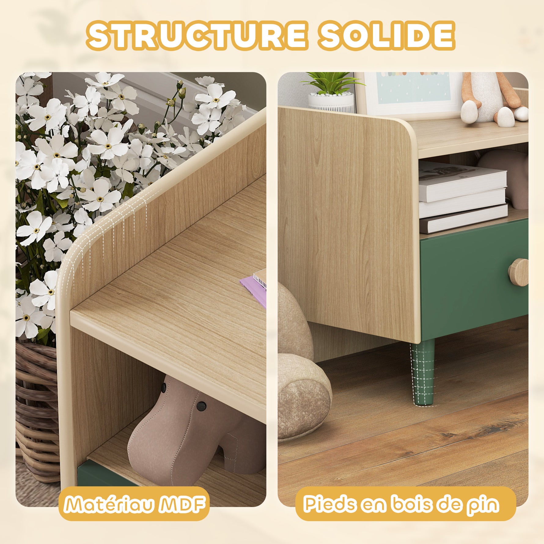 Table de chevet enfant table de nuit enfant avec tiroir et niche, petite table d'appoint en bois pour chambre d'enfant
