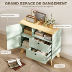 Buffet salon, meuble de rangement avec porte, 2 tiroirs, compartiment ouvert et étagère réglable, vert clair et chêne