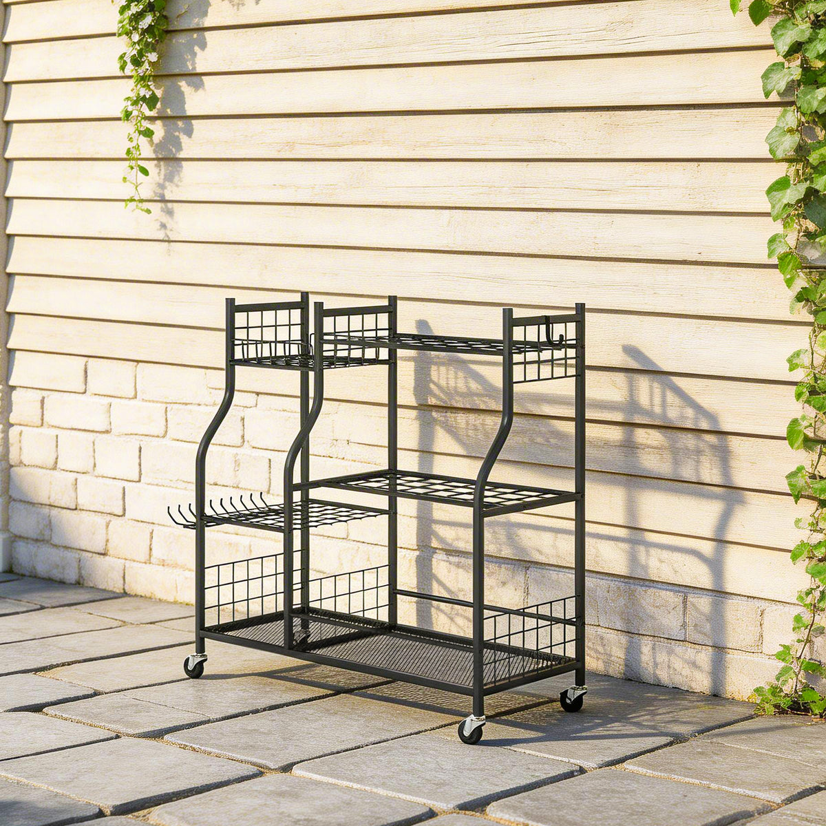 Organisateur d'Outils de Jardin en Acier à 3 Niveaux, 32 Emplacements, 4 Roues, 11 Crochets, 104x40x95cm, Noir
