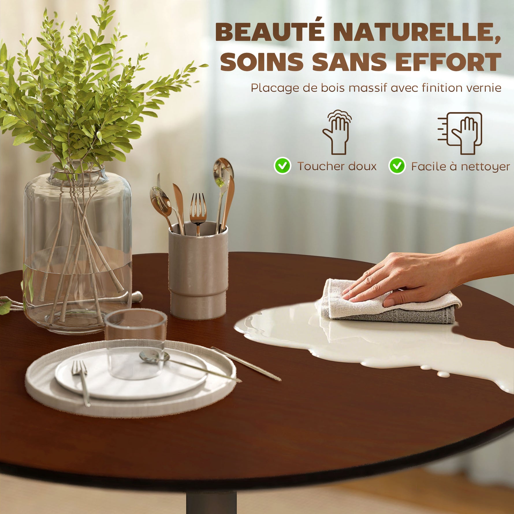 Table à manger ronde 70 cm pour 2 personnes avec plateau en placage de bois massif et piétement en acier marron