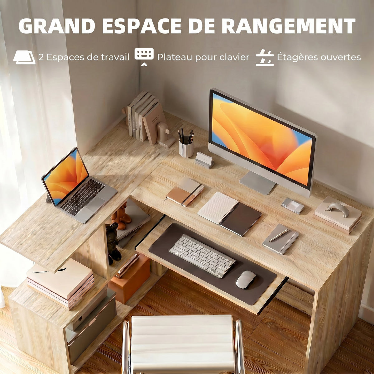Escritorio esquinero, 120 x 100 x 76 cm, escritorio para ordenador en L con bandeja para teclado, 4 compartimentos abiertos, color natural