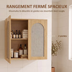 Armoire murale de salle de bain bohème avec 2 portes effet rotin à fermeture douce et étagère réglable, chêne