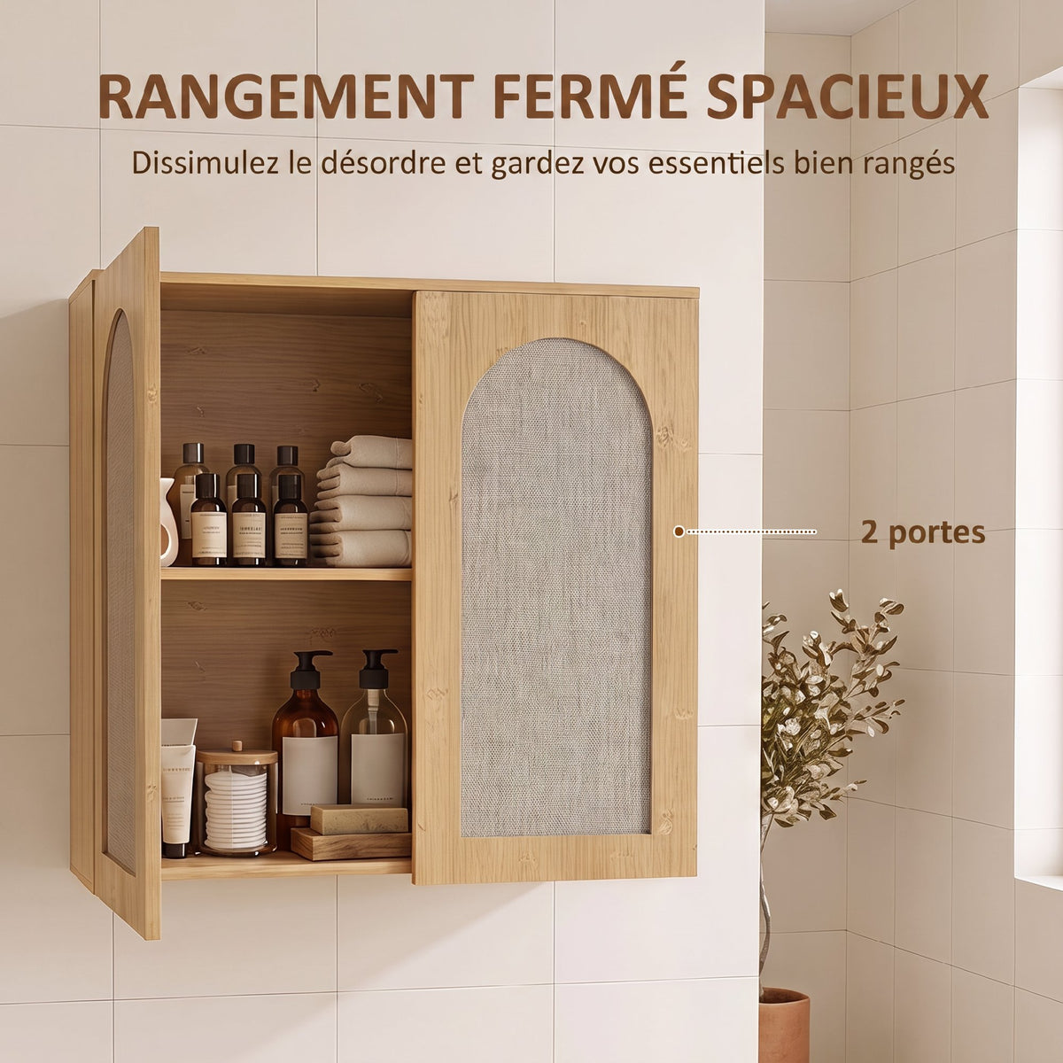 Armoire murale de salle de bain bohème avec 2 portes effet rotin à fermeture douce et étagère réglable, chêne