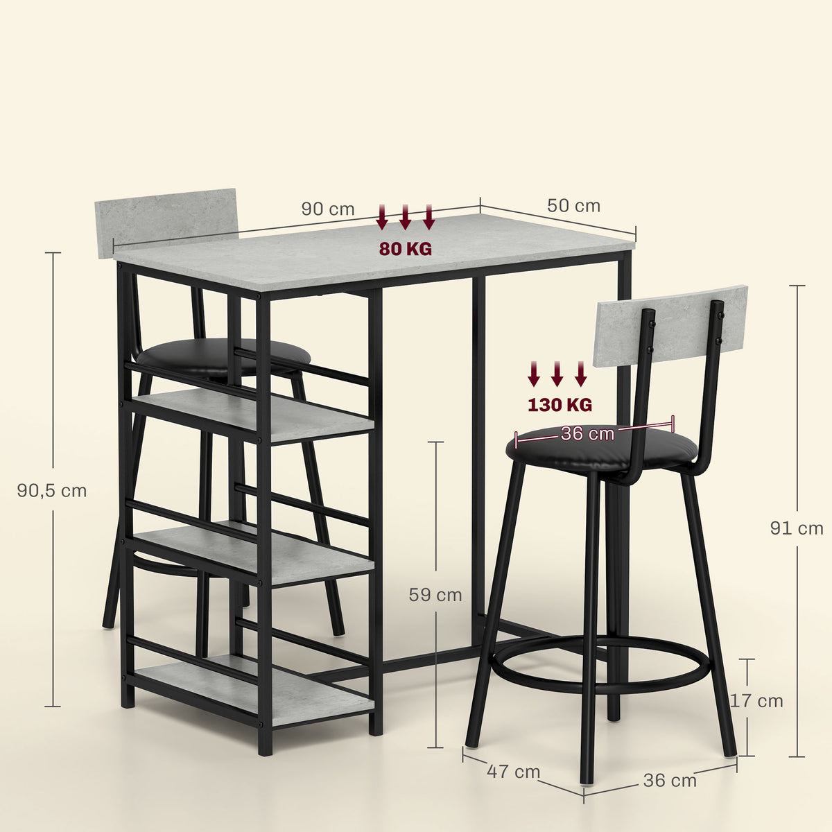 Ensemble table de bar avec 2 tabourets et étagères de rangement pour salle à manger, cuisine, gris et noir