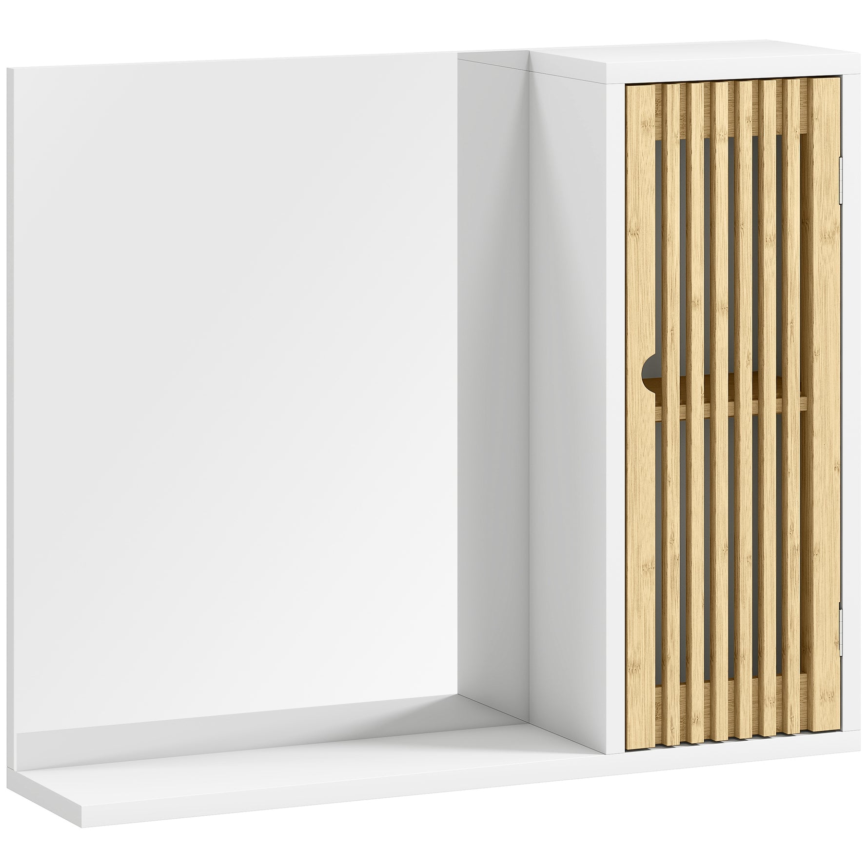 Armoire de salle de bain avec miroir, étagère, porte à lattes en bambou et étagère réglable, blanc