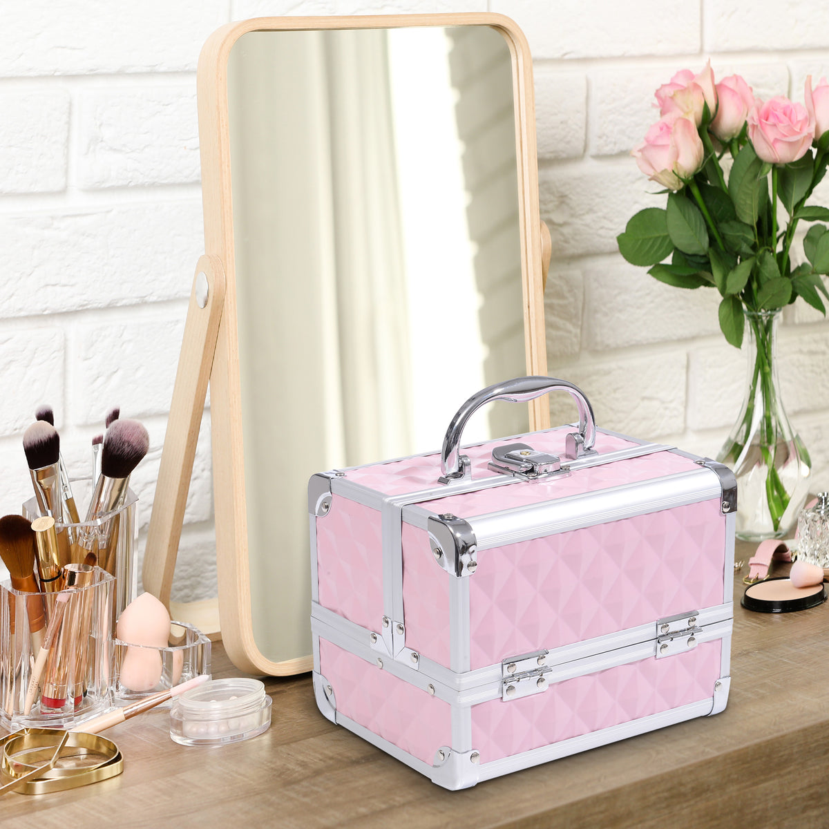Mallette à maquillage rangement à 3 niveaux avec miroir verrouillage avec 2 clés dim. 20L x 15l x 15H cm rose