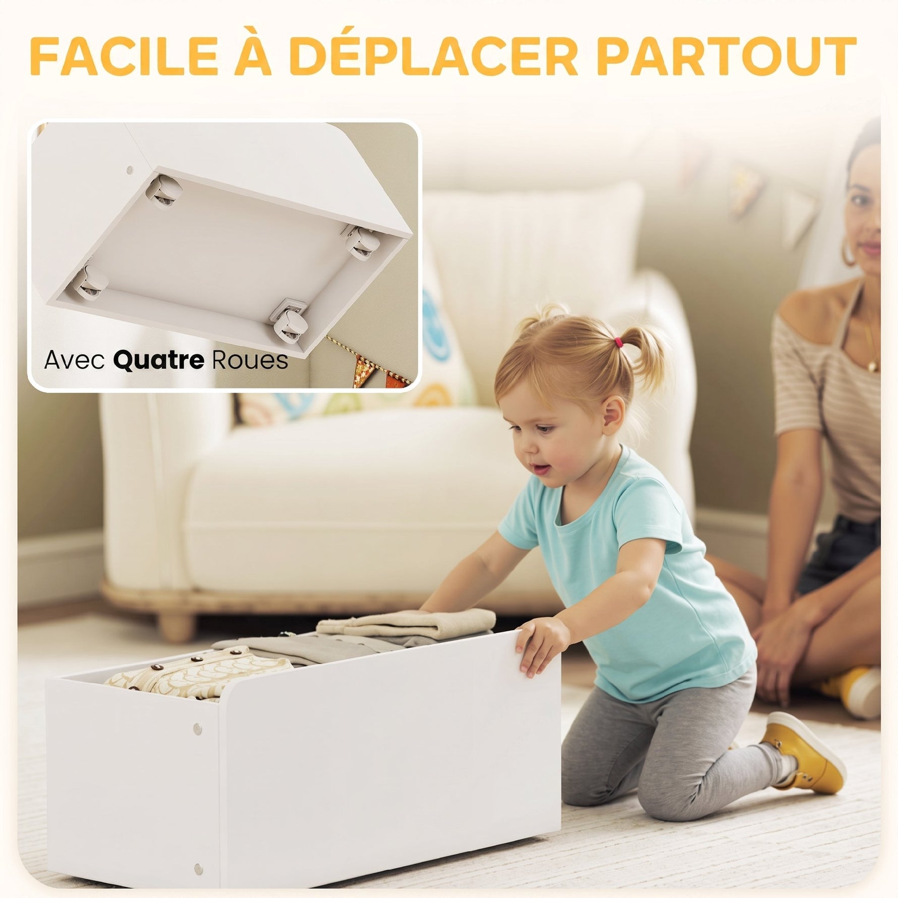 Meuble rangement enfant rangement jouets enfant 6 bacs amovibles et grand coffre à roulettes 100x30x80cm multicolore