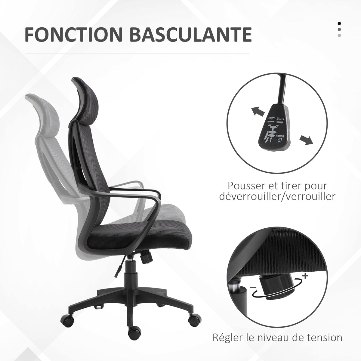 Chaise bureau ergonomique, fauteuil de bureau en maille, appui-tête, hauteur réglable, 64 x 55 x 116-126 cm, noir