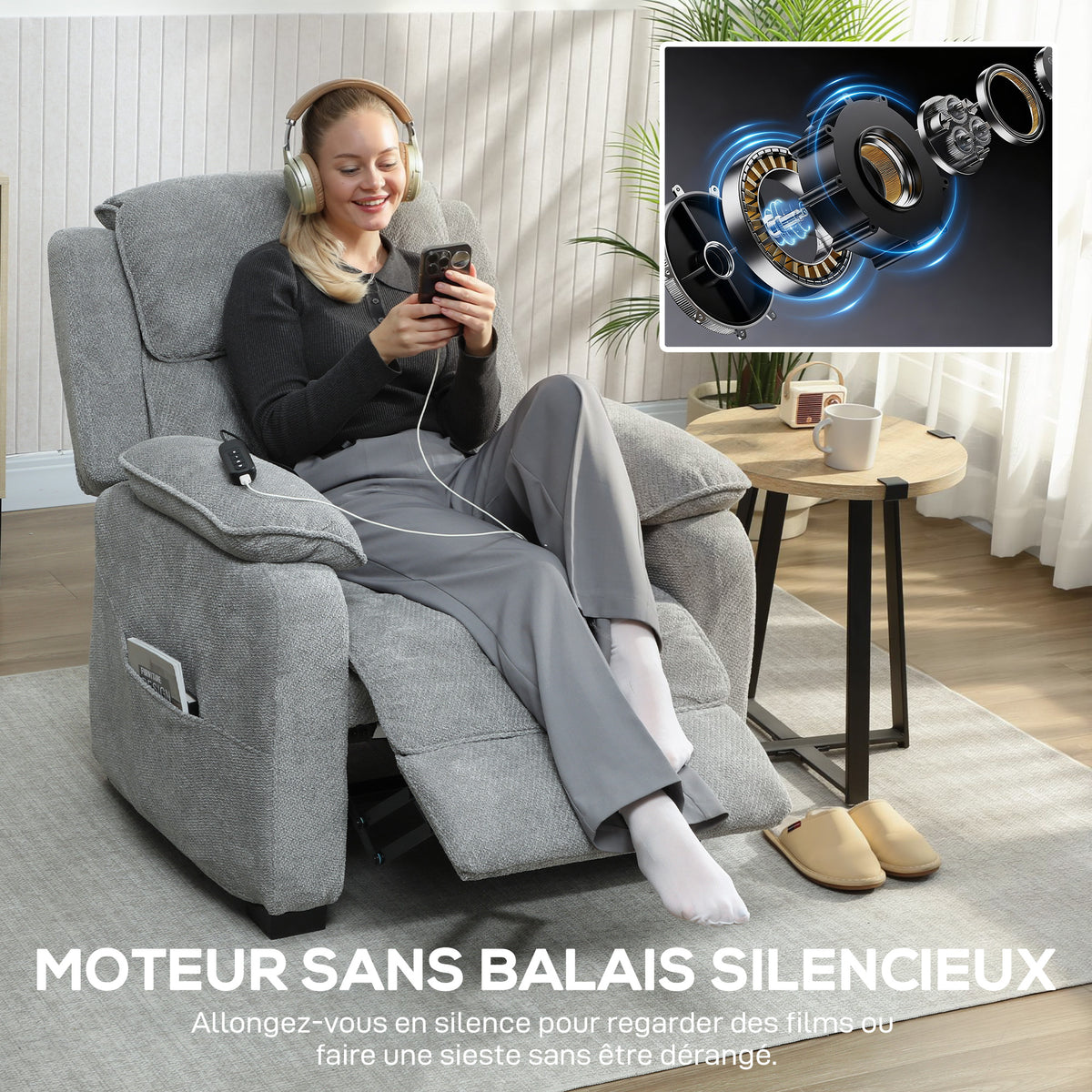 Sillón relax eléctrico, sillón reclinable, puerto USB, reposapiés, bolsillos laterales, mando a distancia, 86x90x103cm, gris claro