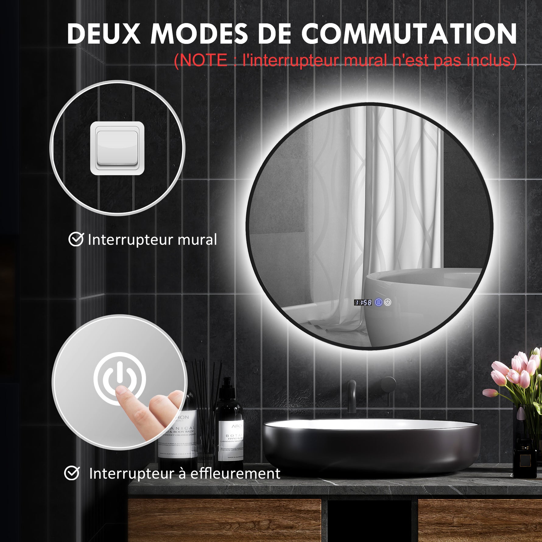 Miroir de salle de bain rond avec éclairage LED, intensité variable, fonction anti-buée, interrupteur tactile, noir