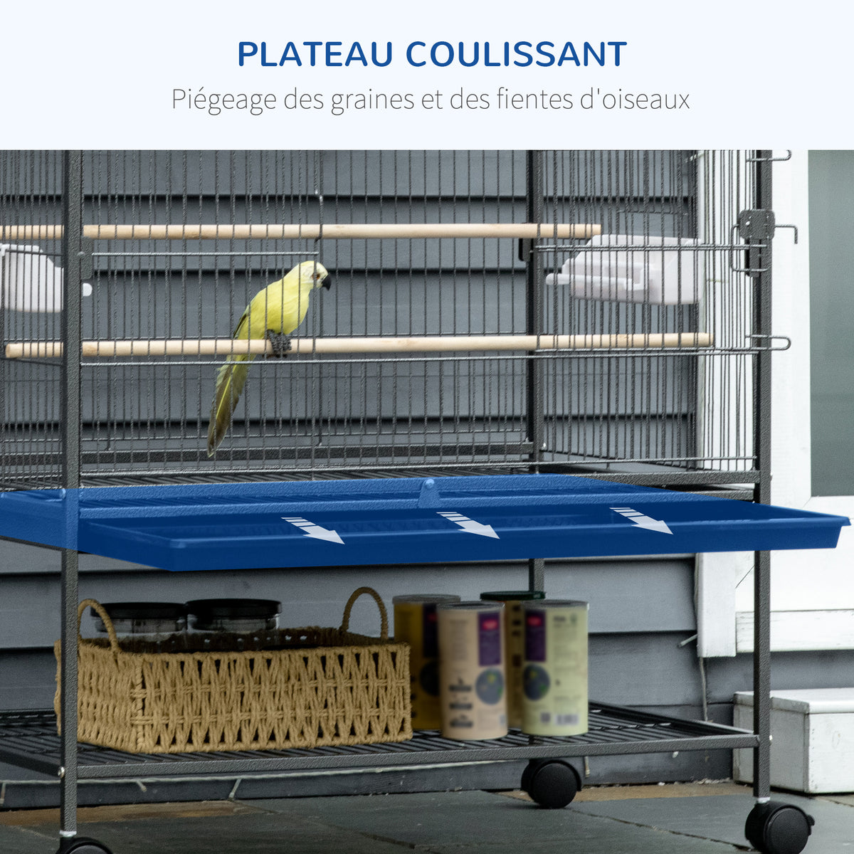 Vogelkooi op standaard volière voor binnen 4 houten zitstokken en voederbakjes donkergrijs staaldraad