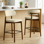 Lot de 2 Tabourets de Bar, Chaises de Bar en Chenille, Assise Rembourrée, Dossier et Repose-Pieds, Pieds en Bois, Beige