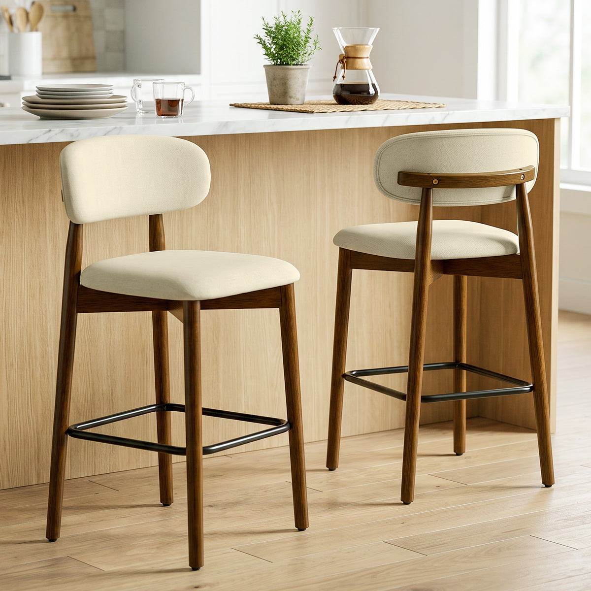 Lot de 2 Tabourets de Bar, Chaises de Bar en Chenille, Assise Rembourrée, Dossier et Repose-Pieds, Pieds en Bois, Beige