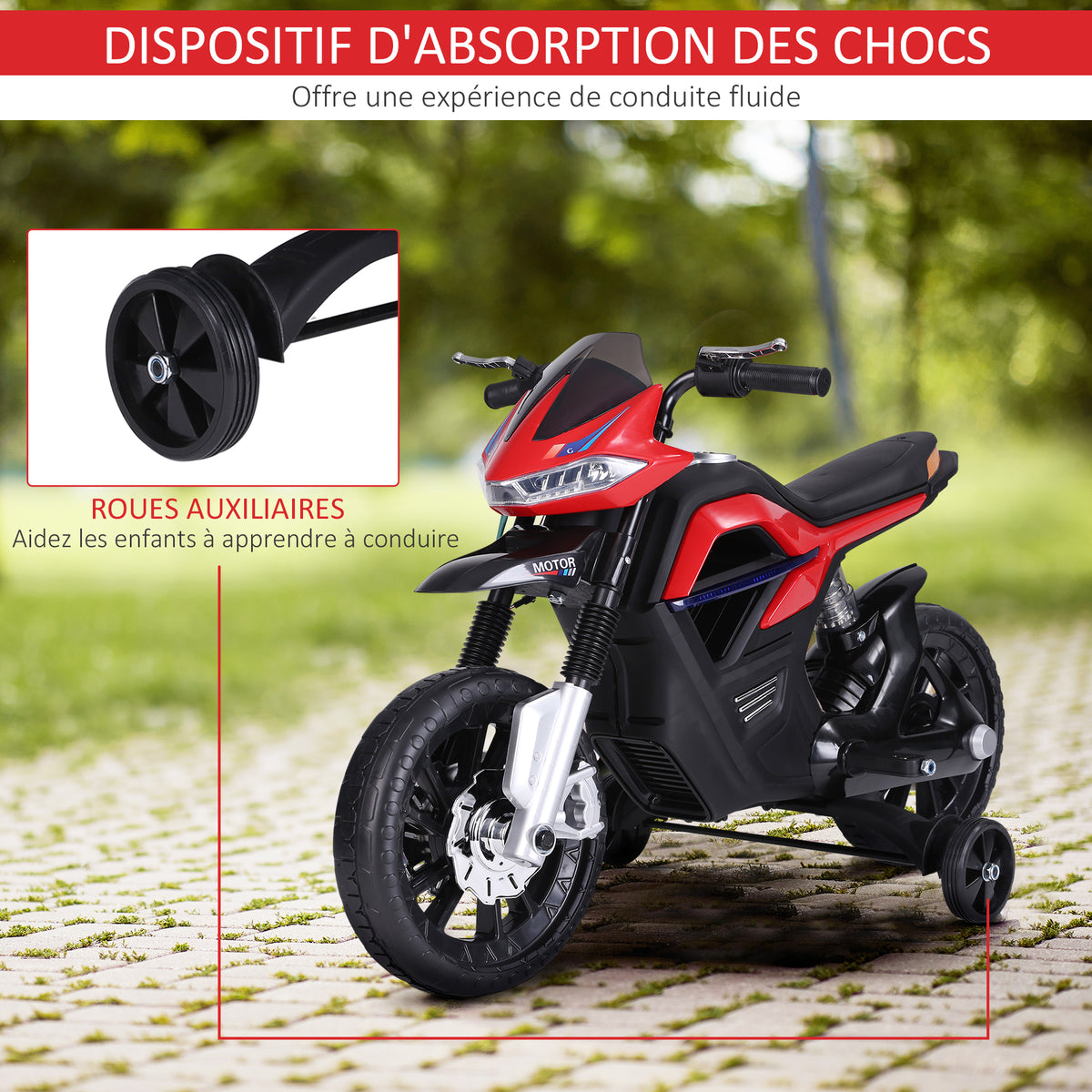 Moto électrique pour Enfants de 3-6 ans 25 W 6 V 3 Km/h Effets Lumineux et sonores roulettes Amovibles Charge max. 30 kg Rouge