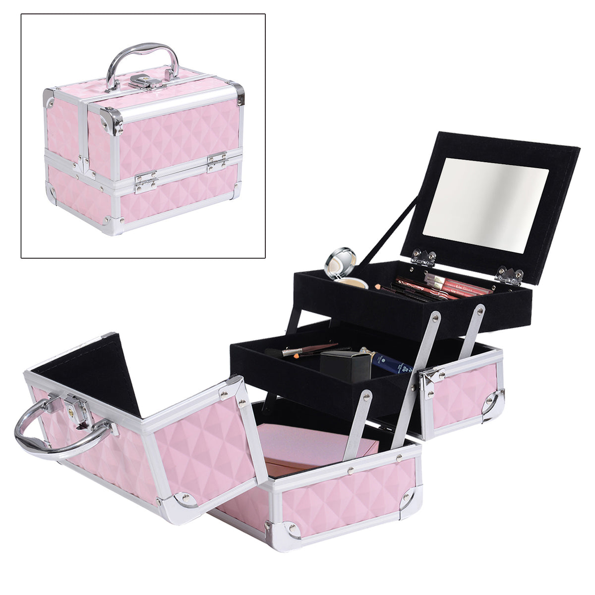 Mallette à maquillage rangement à 3 niveaux avec miroir verrouillage avec 2 clés dim. 20L x 15l x 15H cm rose