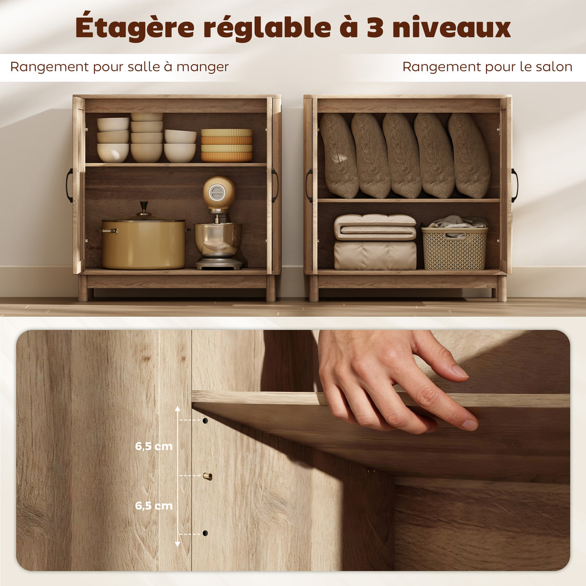 Buffet salon, meuble de rangement avec 2 portes en rotin, étagère réglable et bords arrondis, 76 x 35 x 75,5 cm, chêne