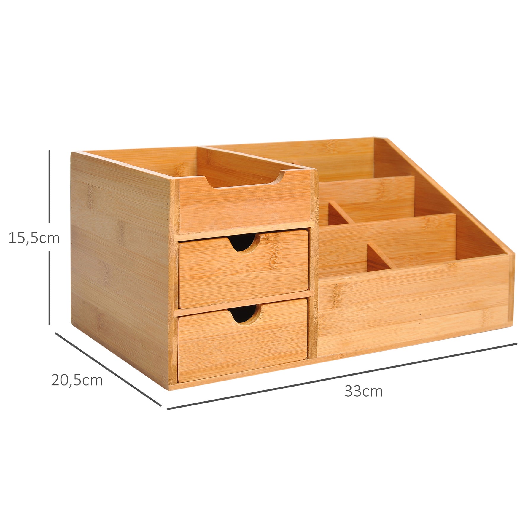 Lot de 2 boîtes de Rangement de Bureau - Organiseur de Bureau - 7 Compartiments, 2 tiroirs - Bambou Verni
