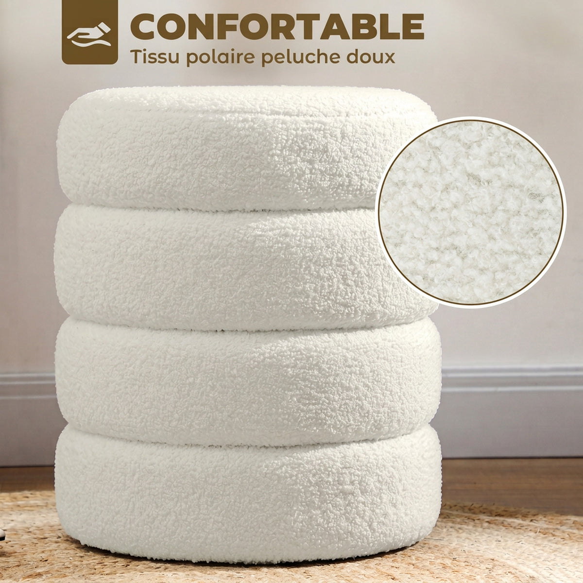 Poggiapiedi da soggiorno, sgabello ottomano rotondo imbottito in tessuto Teddy, per camera da letto, ingresso, Ø 40 x 45 cm, bianco
