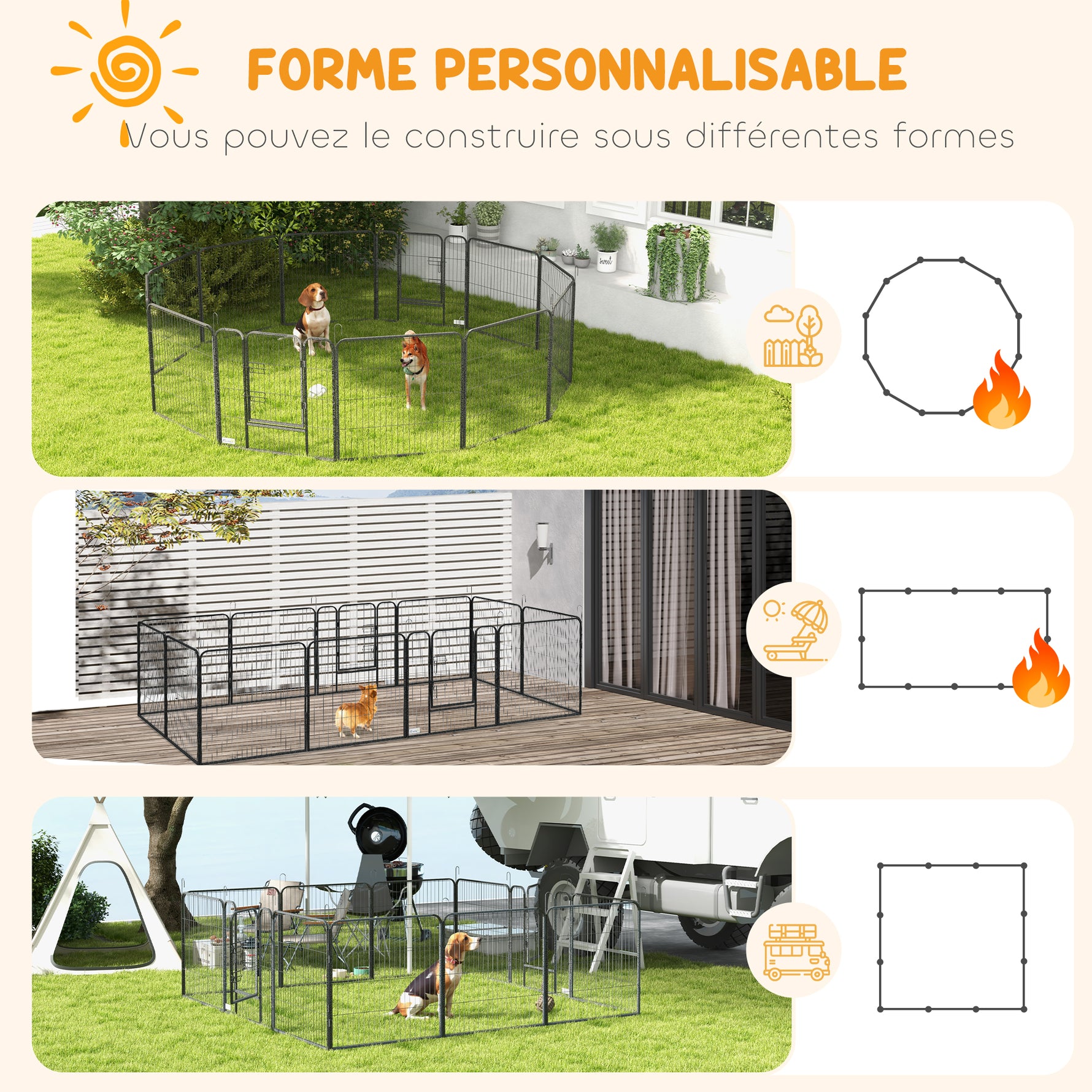 Parc enclos modulable acier époxy porte verrouillable pour chiens petits animaux intérieur et extérieur 80 x 80 cm gris