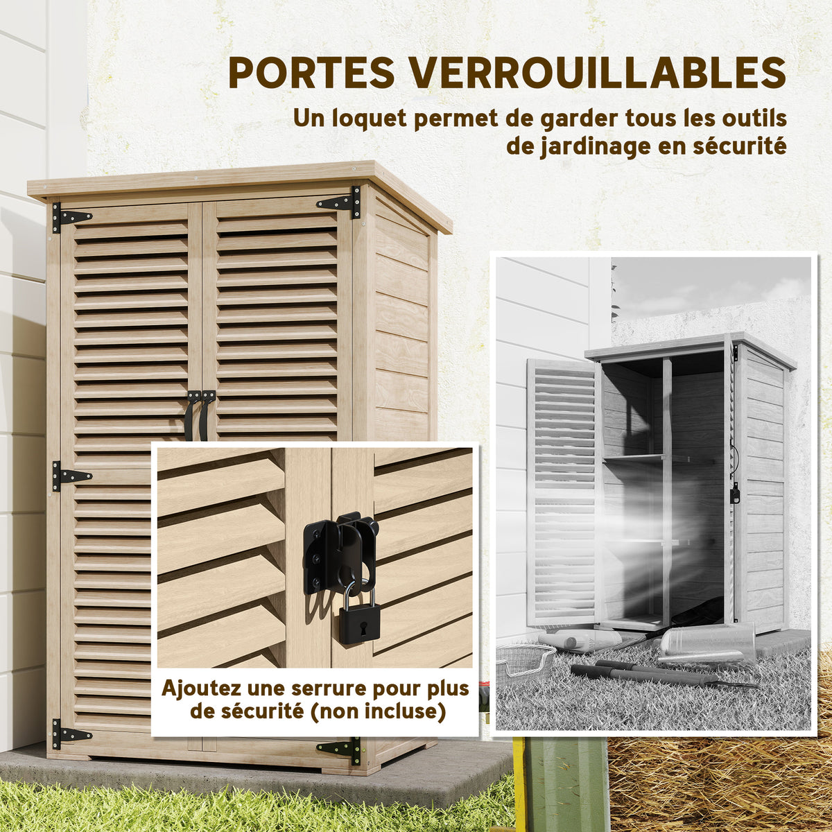 Armoire de jardin remise pour outils en bois 2 étagères toit bitumé portes persiennes verrouillable 75 x 50 x 118