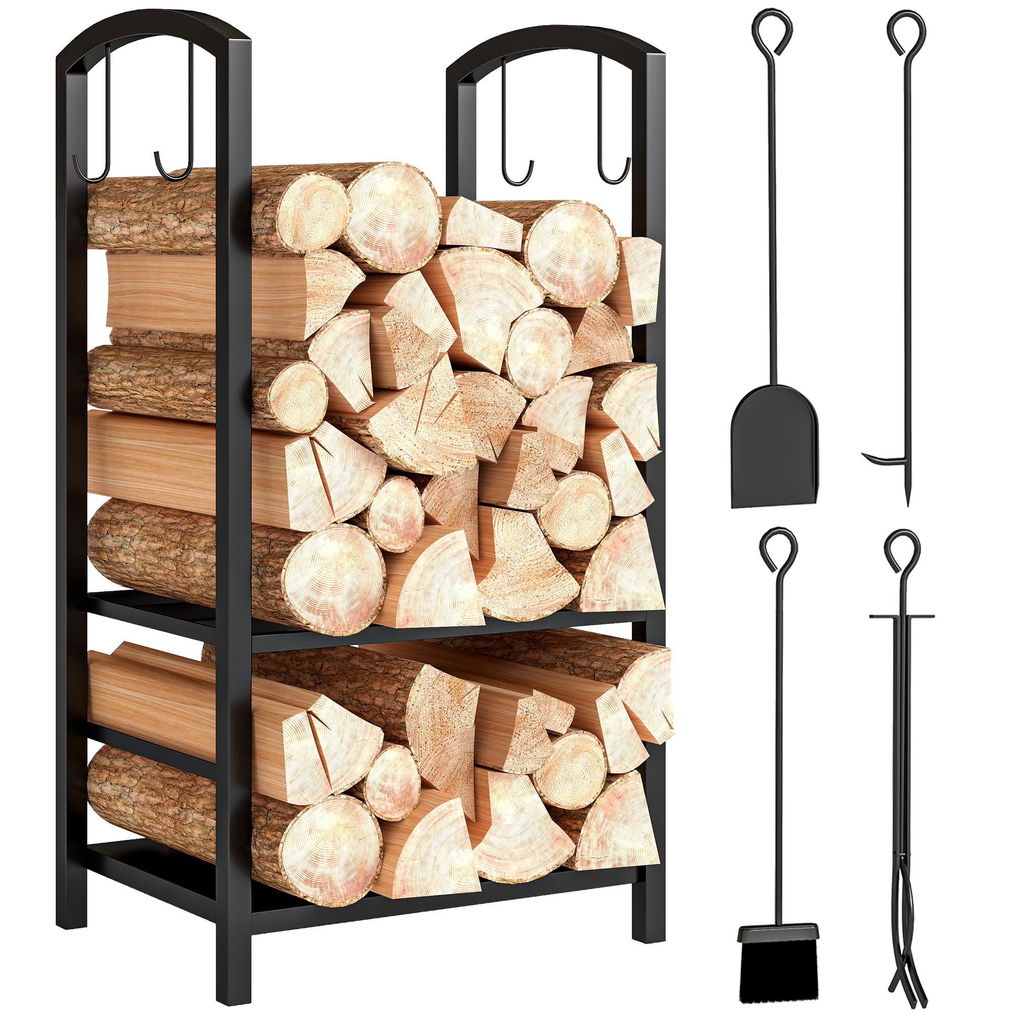 Porte bûches - Range bûches Serviteur de cheminée - Multi Accessoires 2 étagères 40L x 30l x 75H cm métal Noir