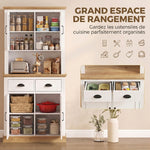 Buffet Haut Cuisine, Armoire Cuisine, 4 Portes dont 2 en Verre, 2 Tiroirs, Plan de Travail, Étagères Réglables, Blanc
