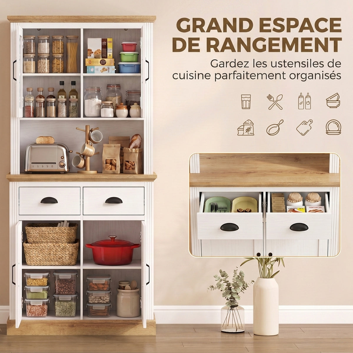 Buffet Haut Cuisine, Armoire Cuisine, 4 Portes dont 2 en Verre, 2 Tiroirs, Plan de Travail, Étagères Réglables, Blanc