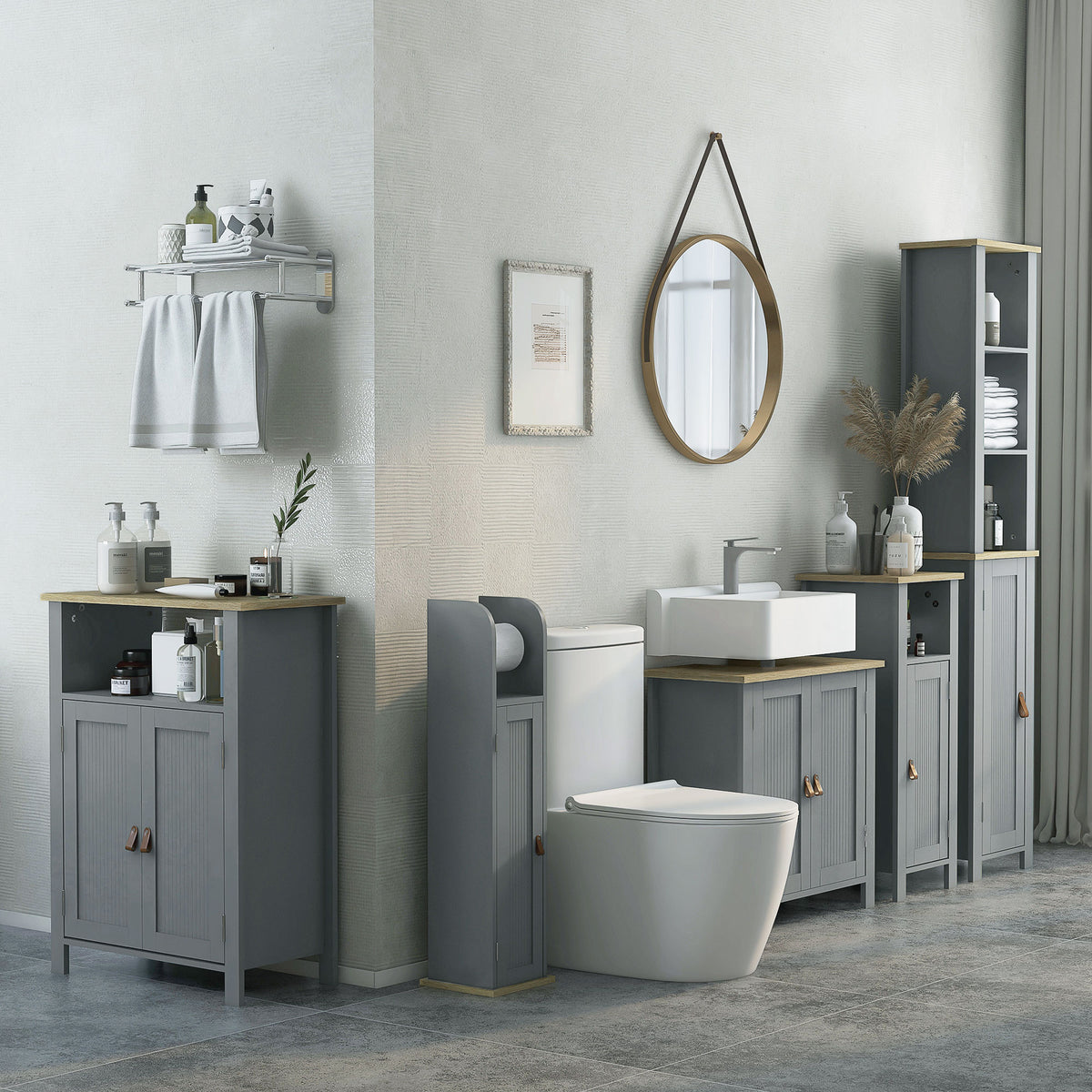 Meuble sous lavabo 2 portes étagère réglable 2 étages à l'intérieure poignées en PU 60 x 30 x 60 cm gris