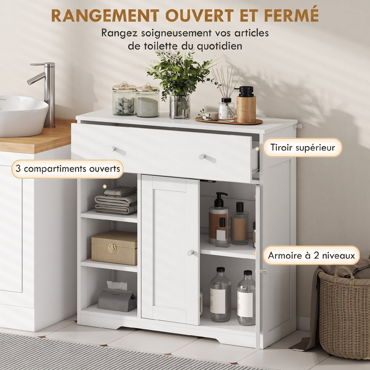 Meuble de Salle de Bain avec 1 Tiroir, 2 Portes, 3 Compartiments Ouverts, Style Scandinave, 80x30x80,2cm, Blanc