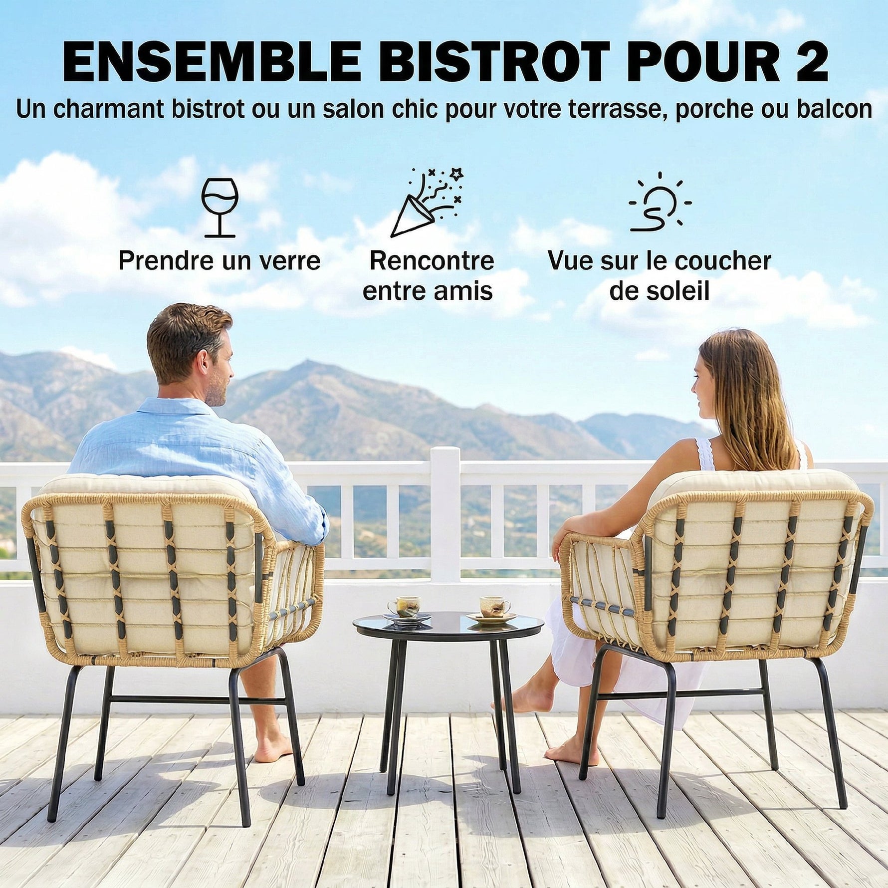 Salon de Jardin Extérieur 3 Pièces en Résine Tressée, Table en Verre Trempé, 2 Fauteuils avec Coussins, 62x73x79cm, Crème