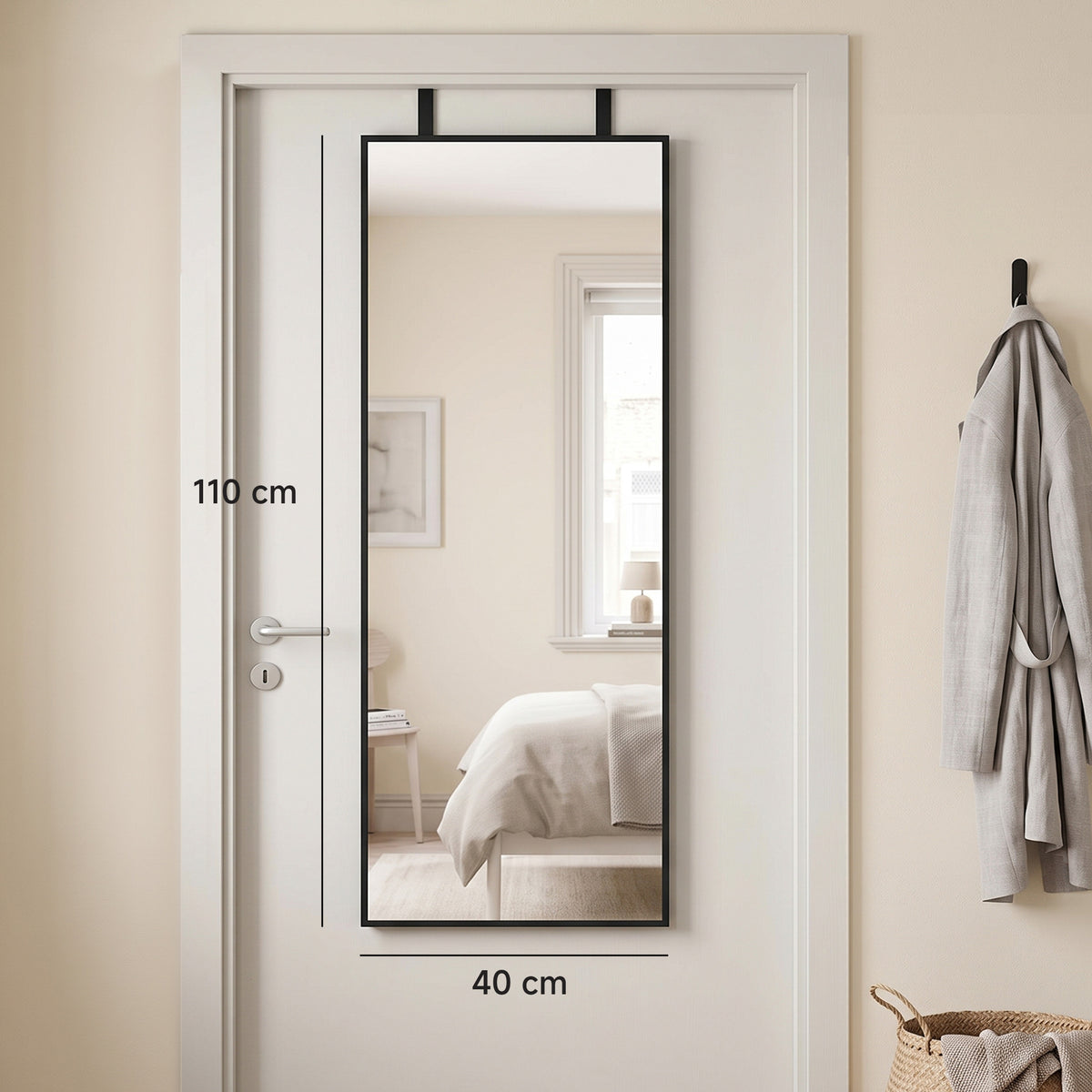 Hormako Ispilu Laukizuzena 110 x 40 cm, Kakoak, Altuera Erregulagarriak, Beira Tenplatua, Aluminio Aleazioko Markoa, Beltza
