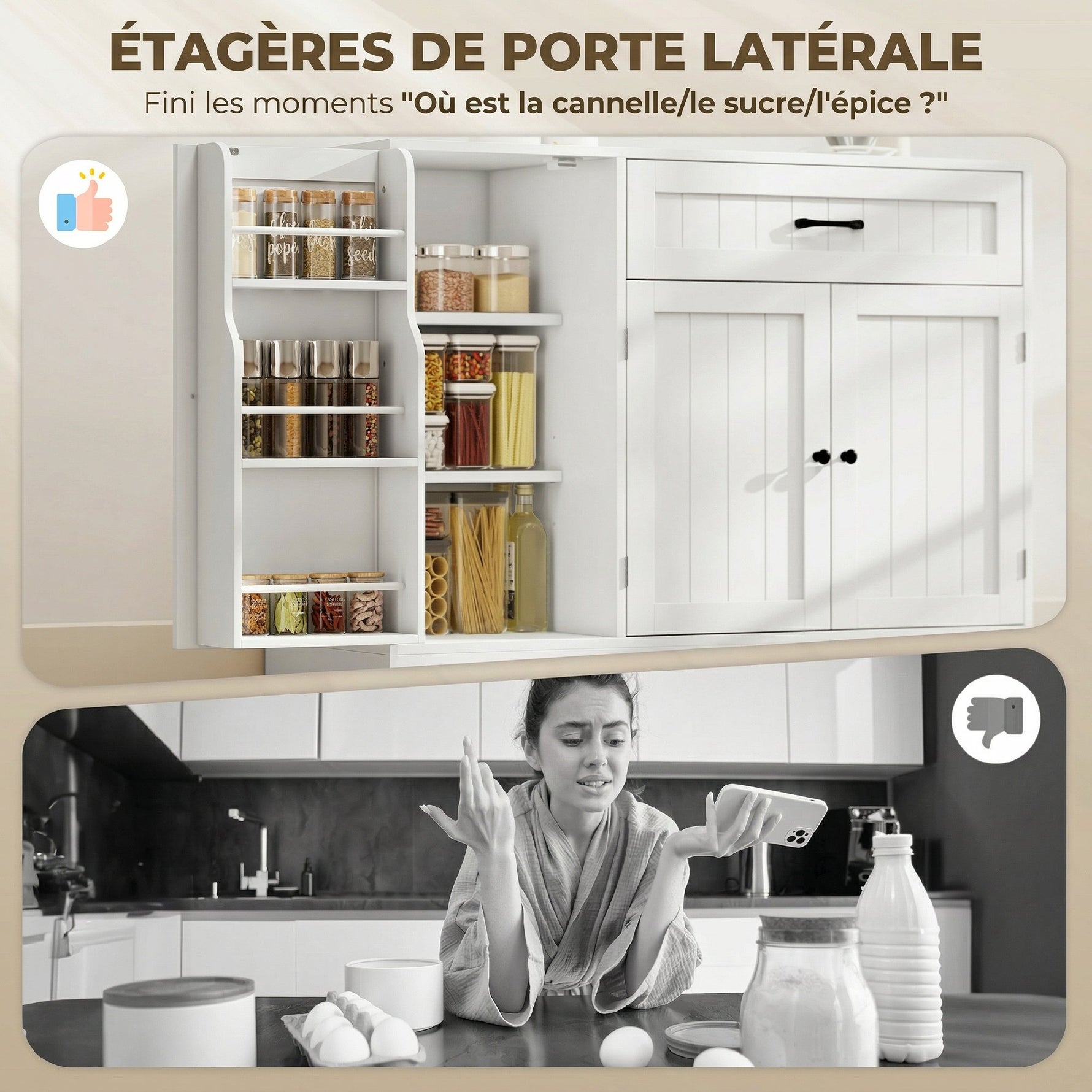 Buffet cuisine, meuble de rangement avec tiroir, 3 portes à fermeture douce, racks-porte et étagères réglables, blanc