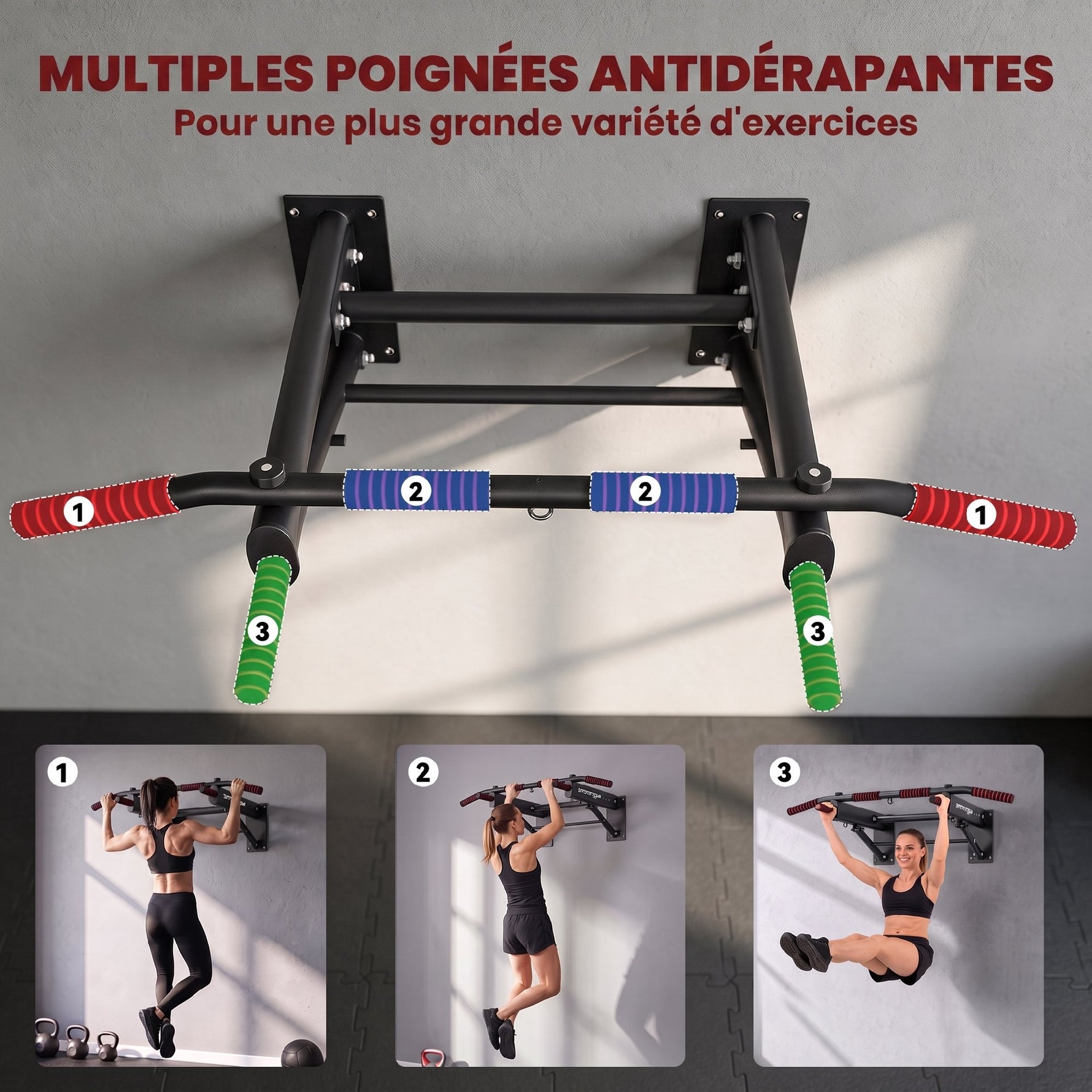 Barre de Traction Murale Pliable avec Poignées Antidérapantes, 3 Crochets pour Bandes de Résistance, 98x65x31cm, Noir