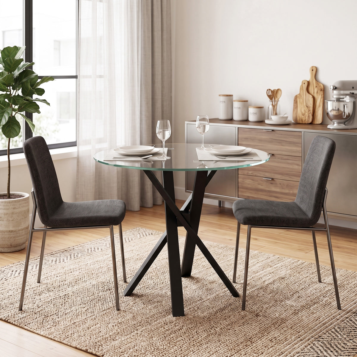 Tavolo da pranzo rotondo per 4 persone, Ø 80 x 75 cm, tavolo da cucina, piano in vetro temperato, trasparente