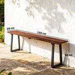 Banc de Jardin en Bois Sans Dossier en Bois, Pieds trapézoïdaux en acier, 2 Places à Effet Bois, 150x28x48cm, Carbonisé