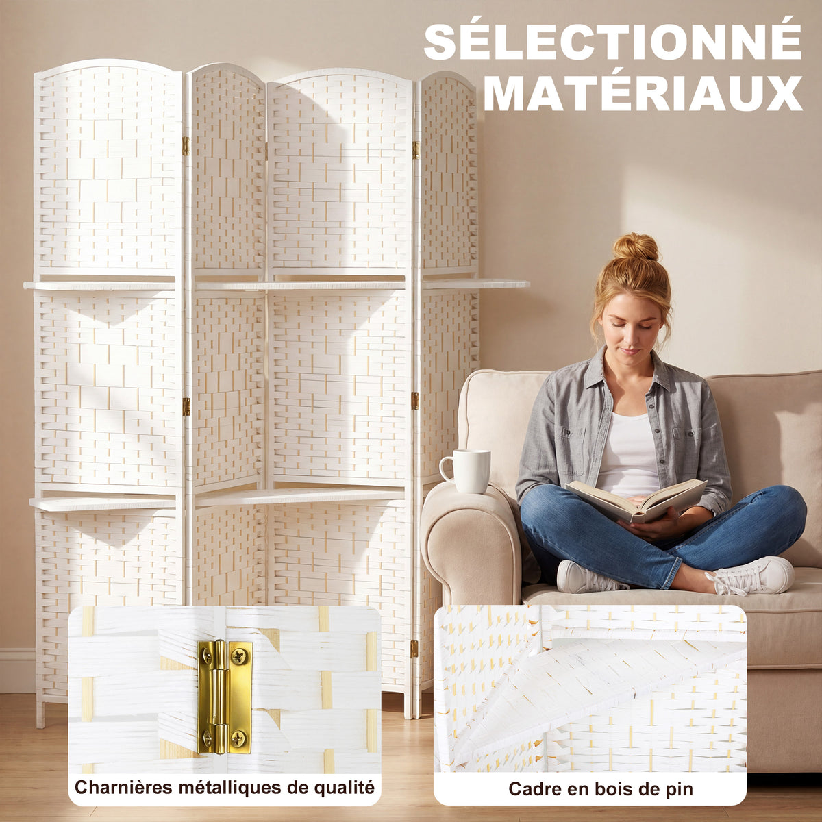 Paravent séparateur de pièce 4 panneaux 160 x170 cm avec 2 étagères, pliable, en bois