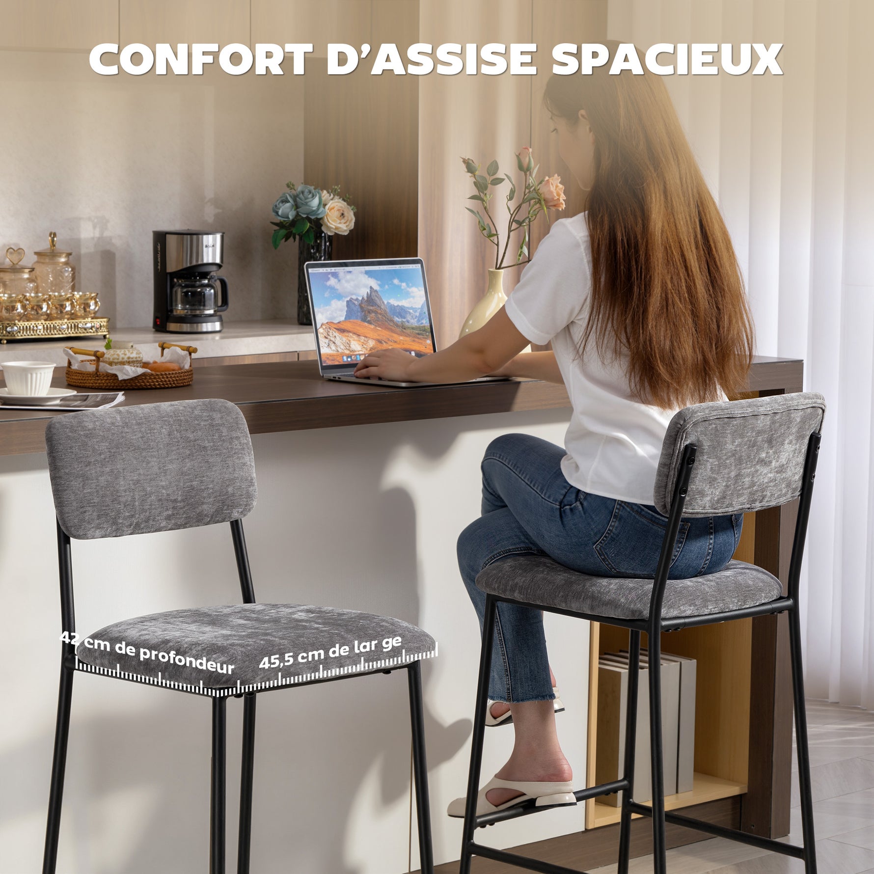 Lot de 2 tabourets de bar en tissu chenille, chaises de bar rembourrées, assise large, dossier haut, 45,5x48x101cm, gris