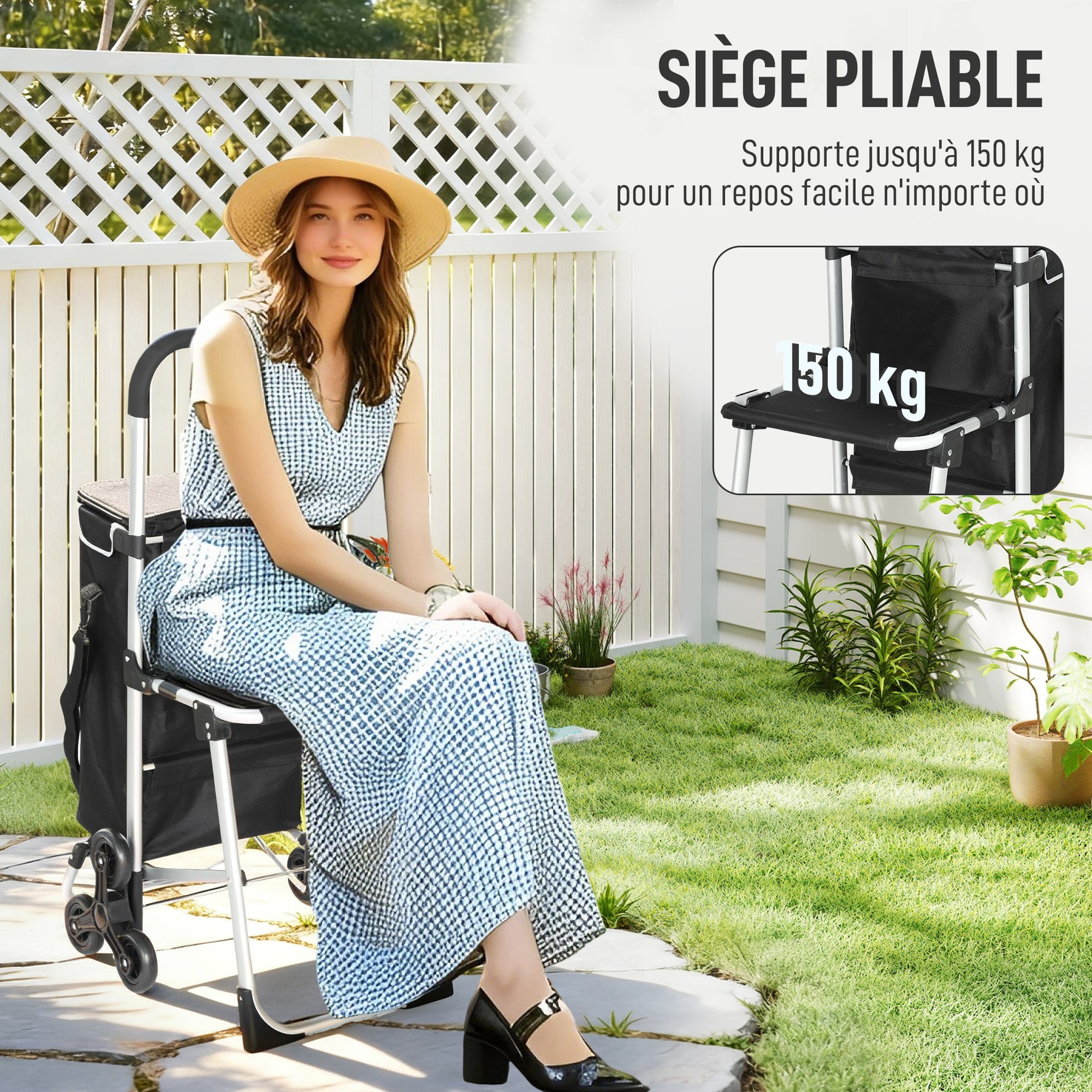 Chariot de courses pliable caddie de courses portable à roulettes avec siège pliable, sac amovible, 46x59,5x97cm, noir