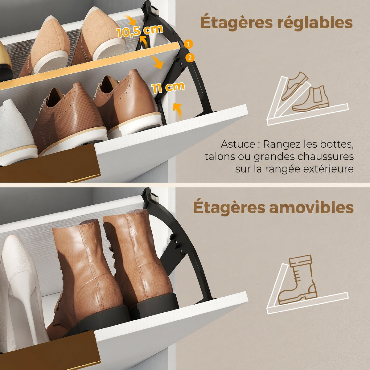 Meuble à chaussures 12 paires, armoire à chaussures étroite avec 2 tiroirs rabattables, étagères réglables, blanc