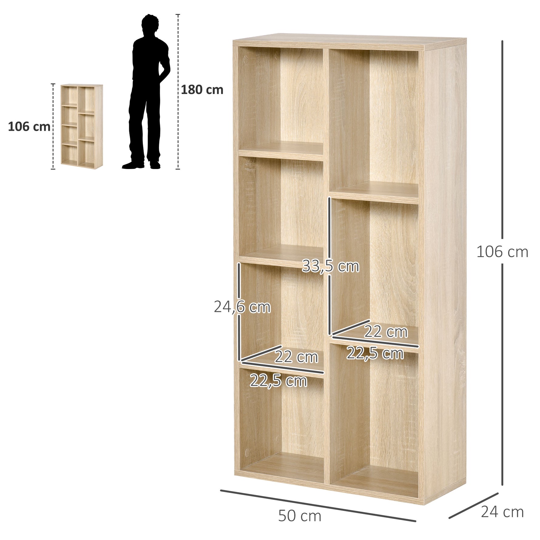 Meuble de rangement Bibliothèque étagère 7 cubes pour intérieur, salon, chambre - 50l x 24P x 106H cm, bois naturel